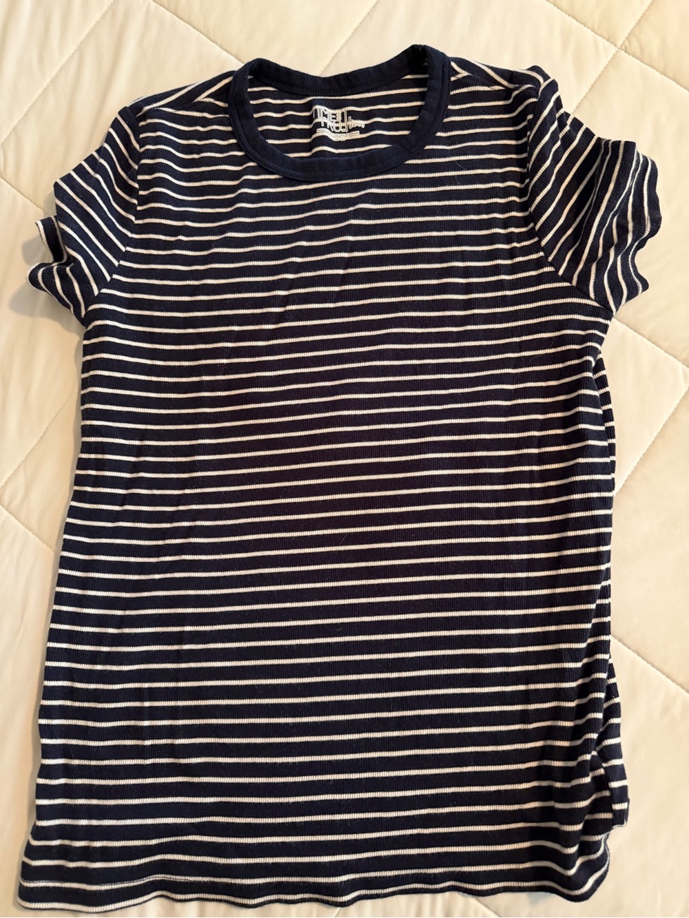 Time and Tru Navy and White Striped Crew Neck Tee